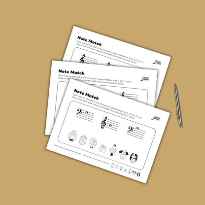 Note Match – Letter Pals – Staff Reading Activity Sheets - Mixed Clef - Set 8