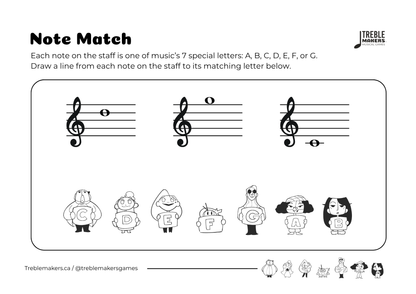 Note Match – Letter Pals – Staff Reading Activity Sheets - Treble Clef - Set 5