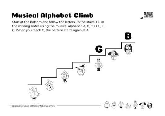 Music Alphabet Climb – Note Sequencing Activity Sheets - Set 4