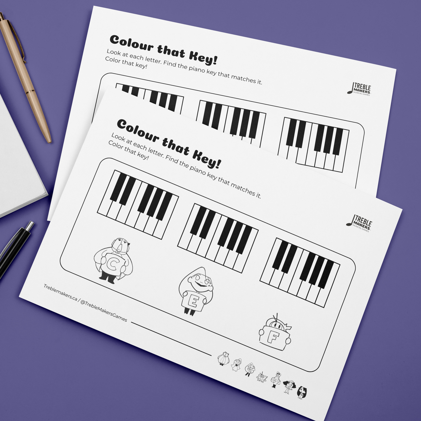 Colour That Key – Piano Note Recognition Activity Sheets - Set 7