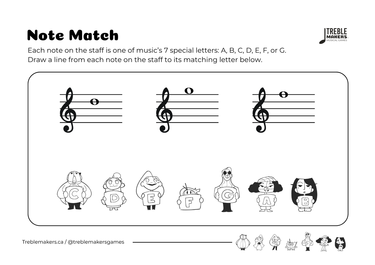 Note Match – Letter Pals – Staff Reading Activity Sheets - Treble Clef - Set 8