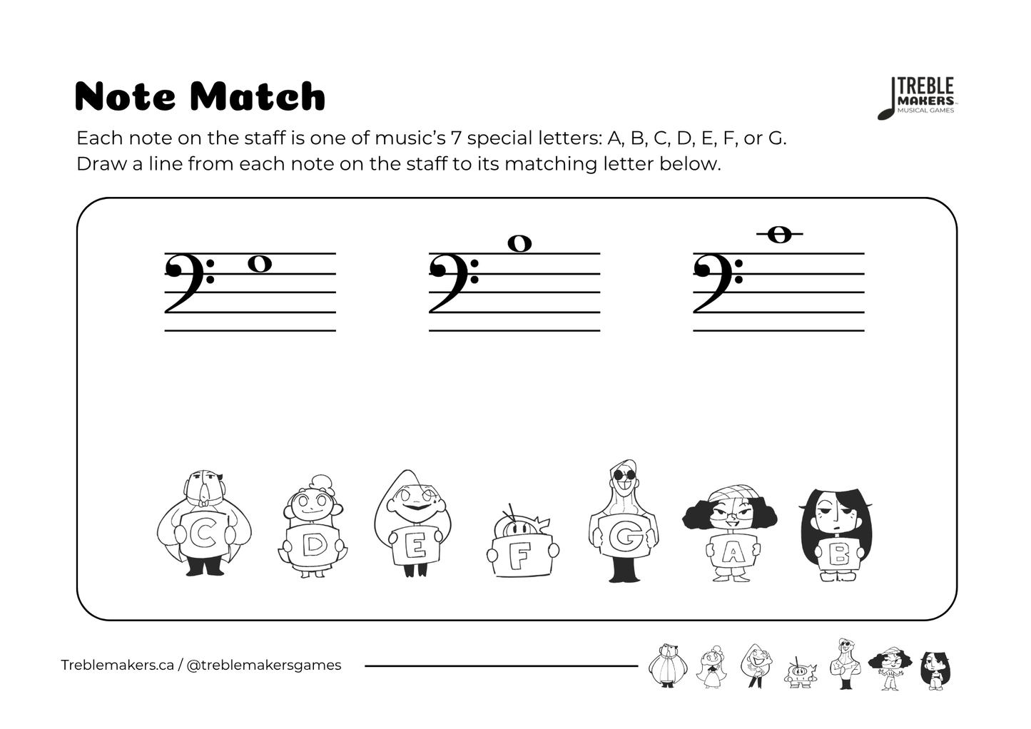 Note Match – Letter Pals – Staff Reading Activity Sheets - Bass Clef - Set 2
