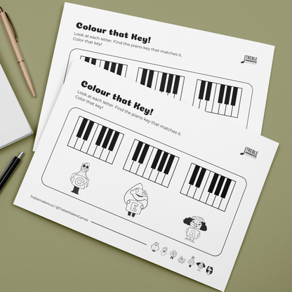 Colour That Key – Piano Note Recognition Activity Sheets - Set 4