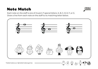 Note Match – Letter Pals – Staff Reading Activity Sheets - Treble Clef - Set 1