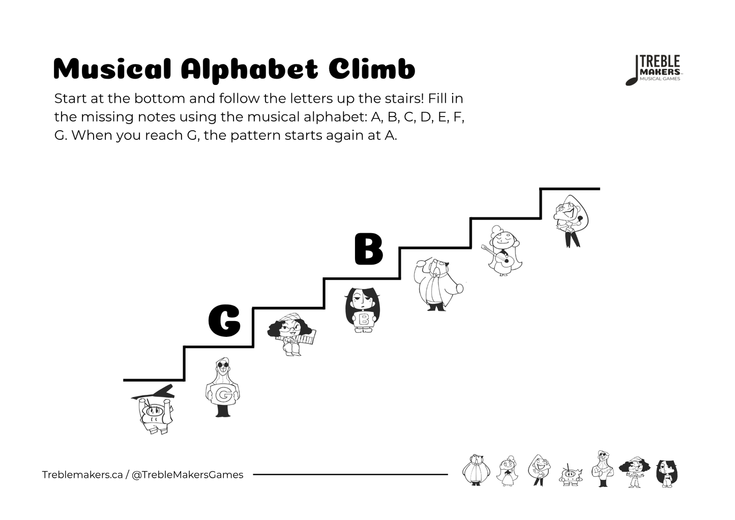 Music Alphabet Climb – Note Sequencing Activity Sheets - Set 6