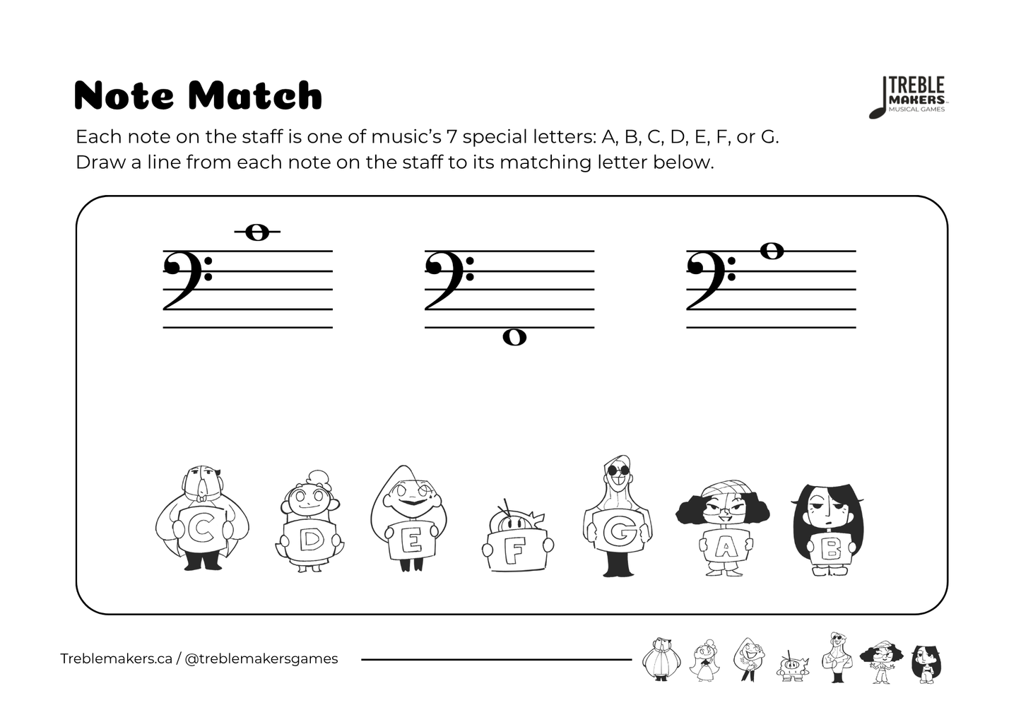 Note Match – Letter Pals – Staff Reading Activity Sheets - Bass Clef - Set 4