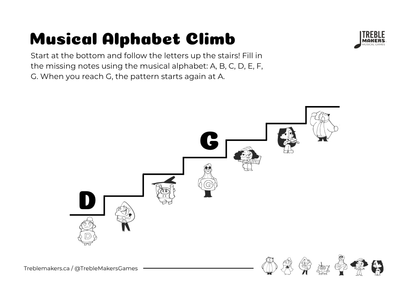 Music Alphabet Climb – Note Sequencing Activity Sheets - Set 6