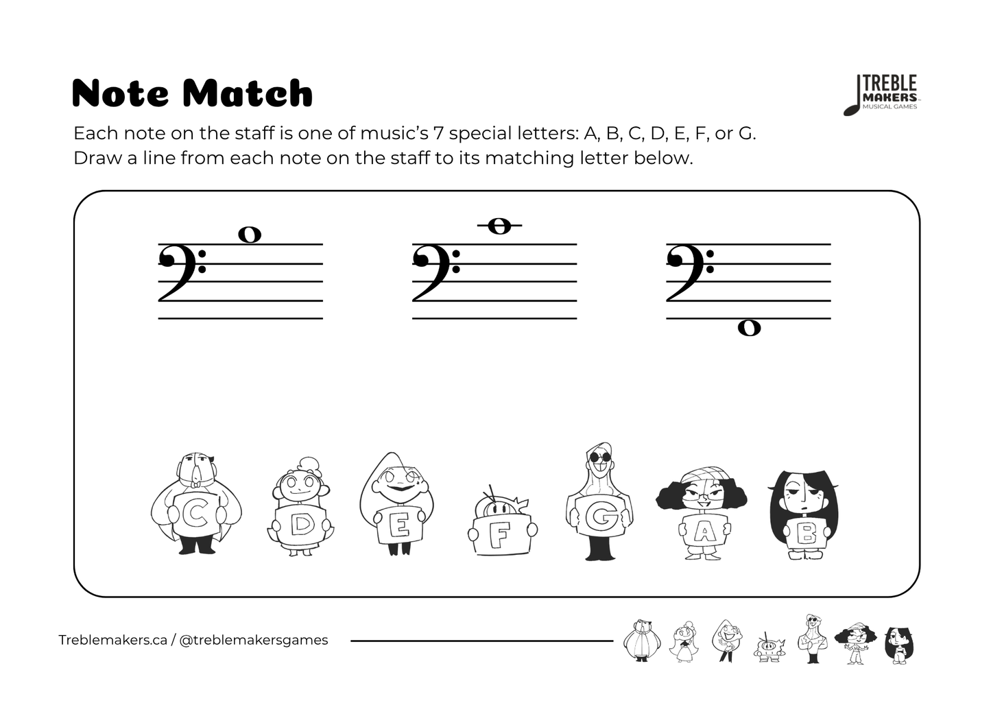 Note Match – Letter Pals – Staff Reading Activity Sheets - Bass Clef - Set 5