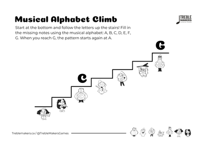 Music Alphabet Climb – Note Sequencing Activity Sheets - Set 6