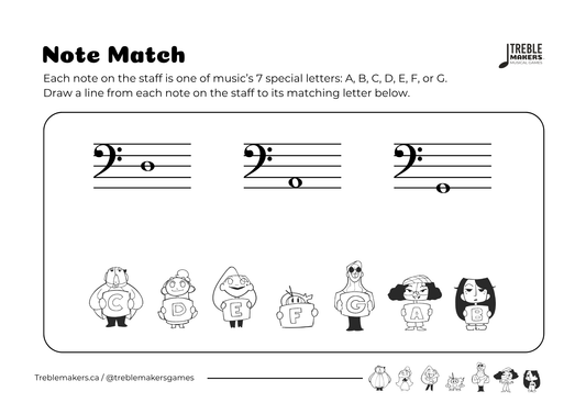 Note Match – Letter Pals – Staff Reading Activity Sheets - Bass Clef - Set 5