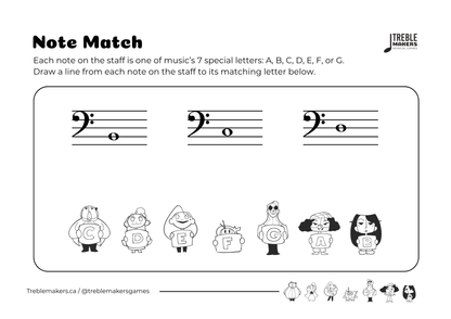 Note Match – Letter Pals – Staff Reading Activity Sheets - Bass Clef - Set 5