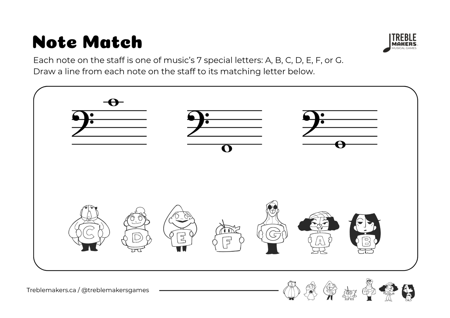 Note Match – Letter Pals – Staff Reading Activity Sheets - Bass Clef - Set 6