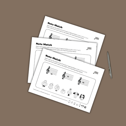 Note Match – Letter Pals – Staff Reading Activity Sheets - Treble Clef - Set 1