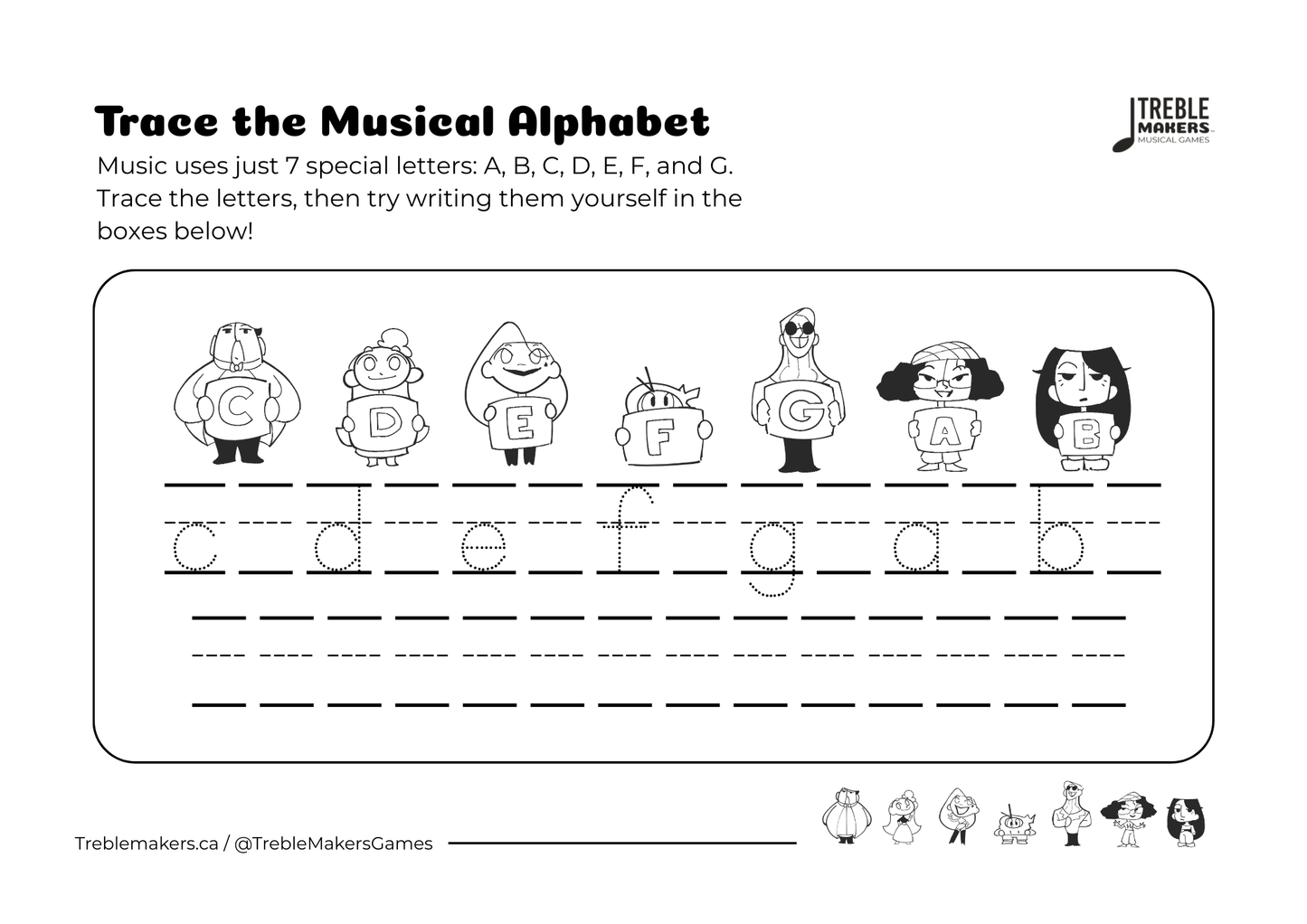 Trace the Musical Alphabet – Handwriting Practice Activity Sheets