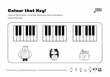 Colour That Key – Piano Note Recognition Activity Sheets - Set 4