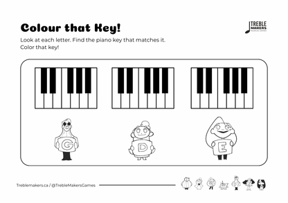 Colour That Key – Piano Note Recognition Activity Sheets - Set 6