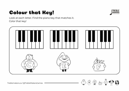 Colour That Key – Piano Note Recognition Activity Sheets - Set 7