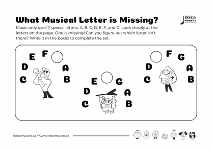 Missing Letter - Musical Alphabet Fill-in-the-Blank Activity Sheets - Set 1