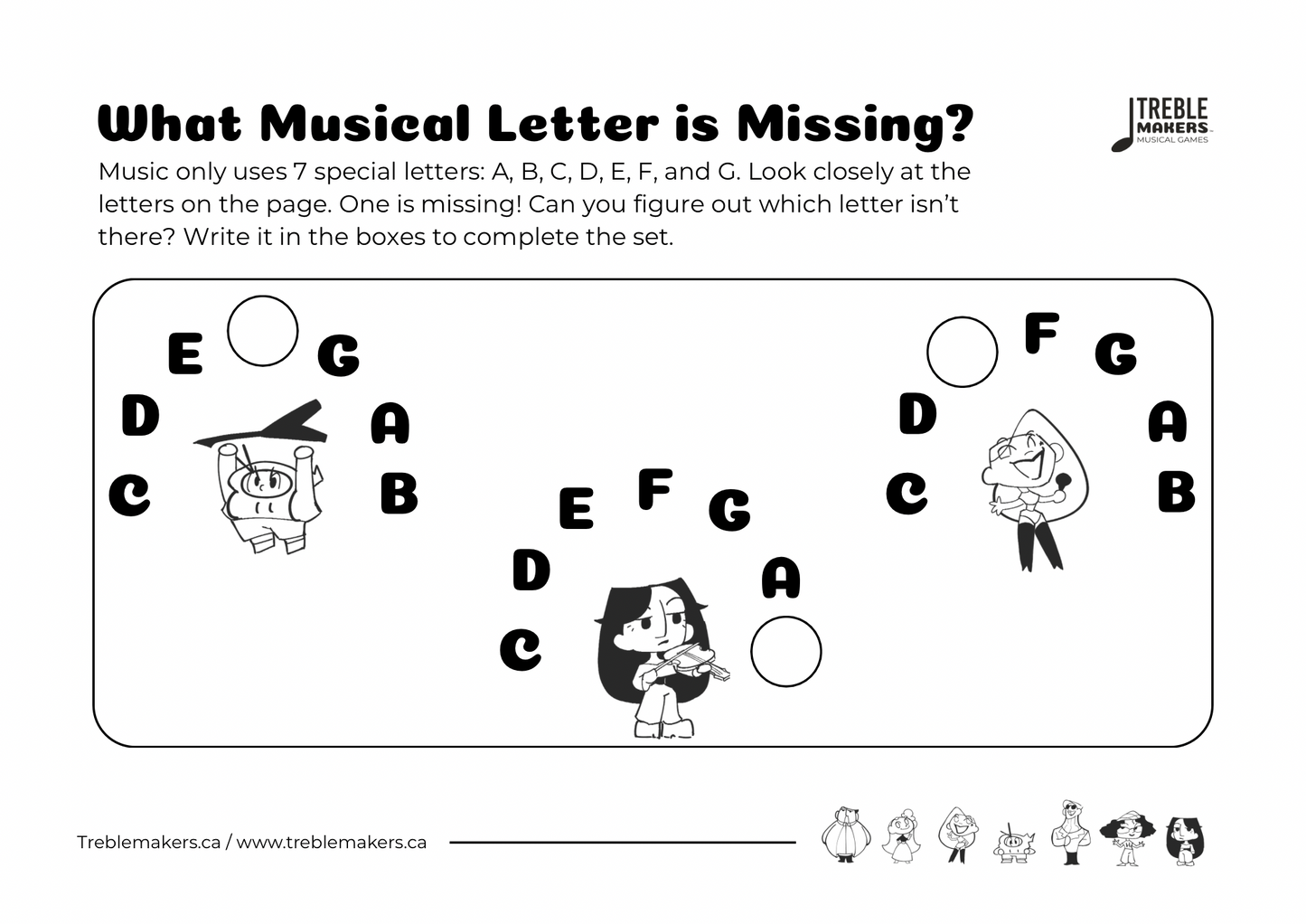 Missing Letter - Musical Alphabet Fill-in-the-Blank Activity Sheets - Set 1