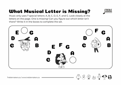 Missing Letter - Musical Alphabet Fill-in-the-Blank Activity Sheets - Set 1