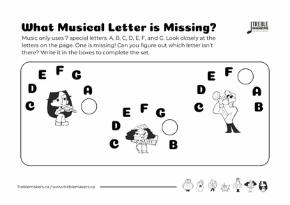 Missing Letter - Musical Alphabet Fill-in-the-Blank Activity Sheets - Set 1