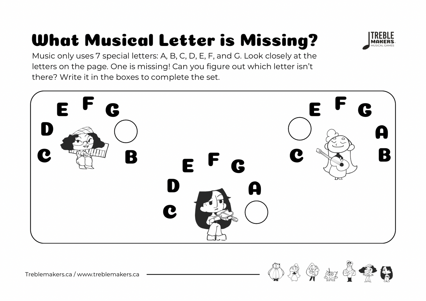 Missing Letter - Musical Alphabet Fill-in-the-Blank Activity Sheets - Set 1