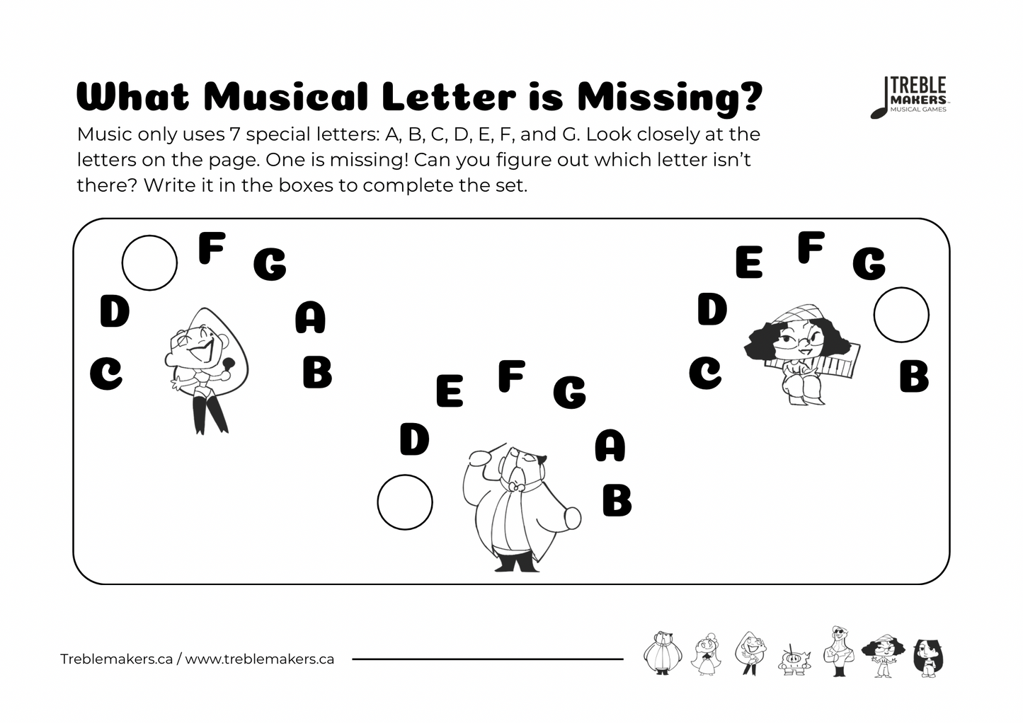 Missing Letter - Musical Alphabet Fill-in-the-Blank Activity Sheets - Set 1