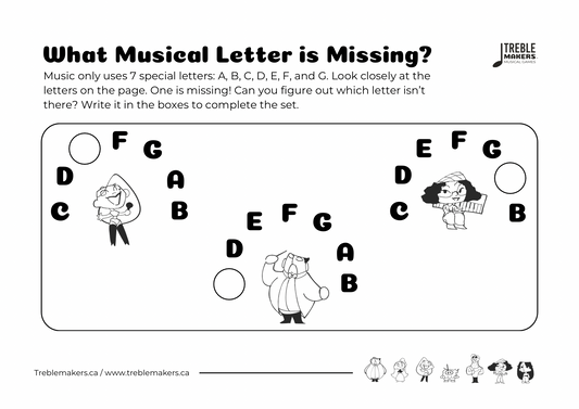 Missing Letter - Musical Alphabet Fill-in-the-Blank Activity Sheets - Set 1