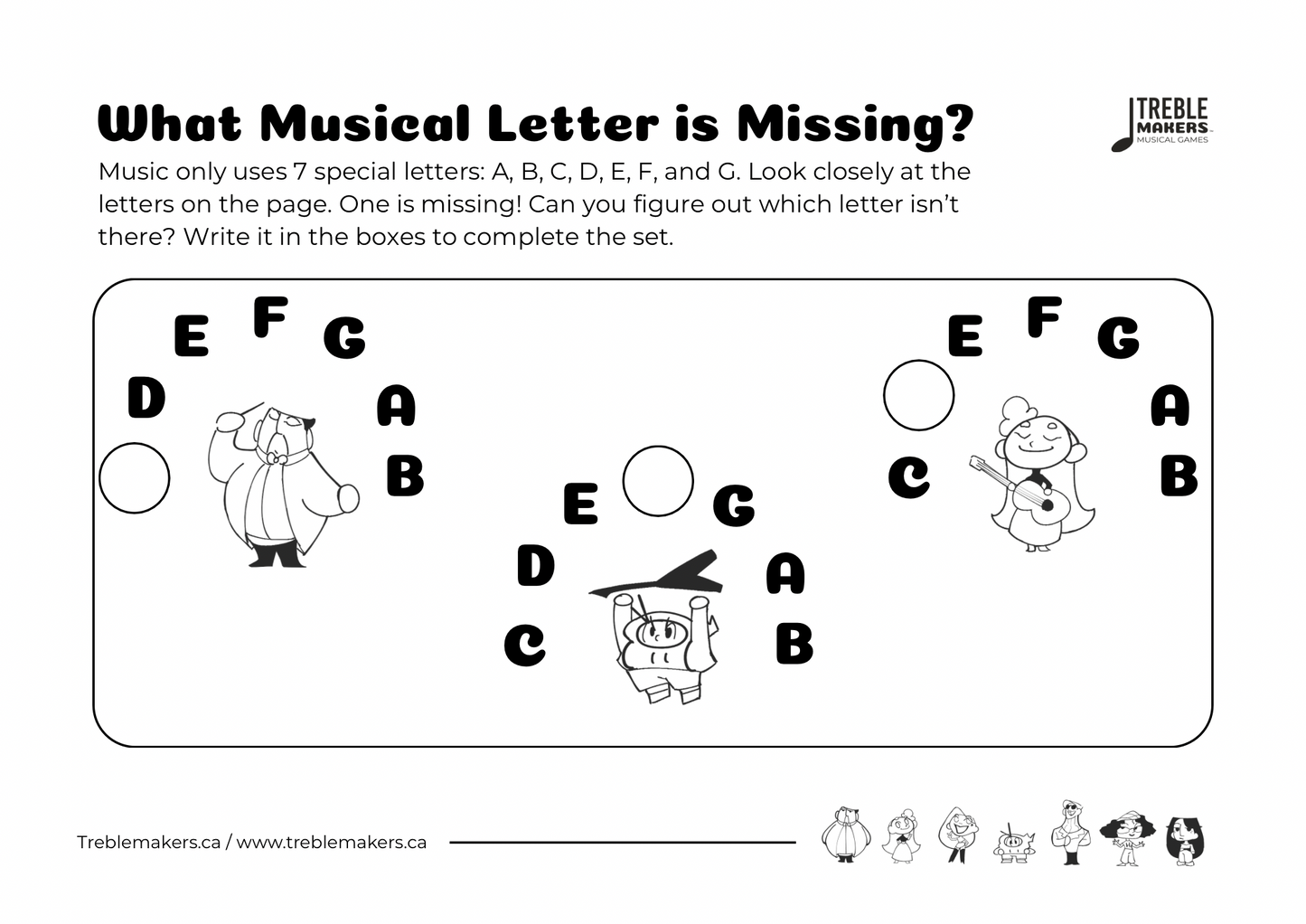 Missing Letter - Musical Alphabet Fill-in-the-Blank Activity Sheets - Set 3