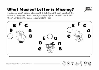 Missing Letter - Musical Alphabet Fill-in-the-Blank Activity Sheets - Set 3