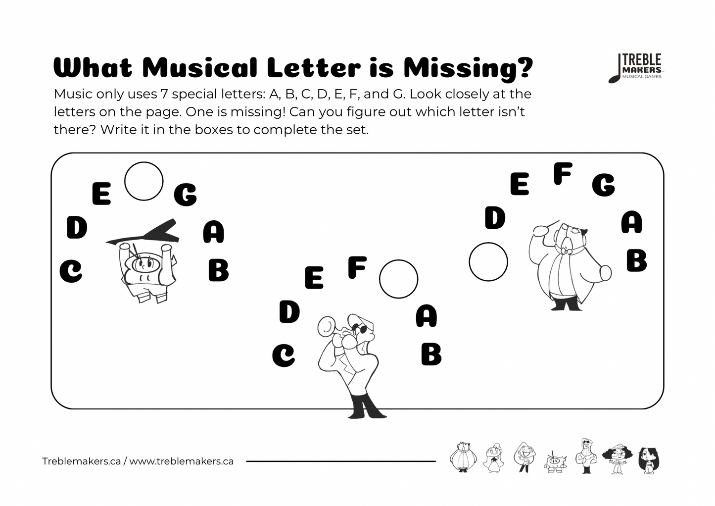 Missing Letter - Musical Alphabet Fill-in-the-Blank Activity Sheets - Set 3