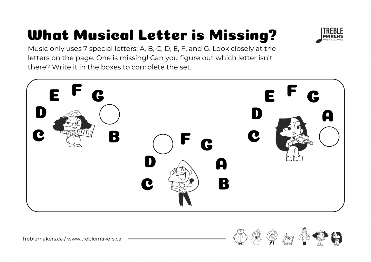 Missing Letter - Musical Alphabet Fill-in-the-Blank Activity Sheets - Set 3