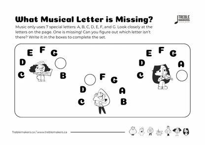 Missing Letter - Musical Alphabet Fill-in-the-Blank Activity Sheets - Set 3