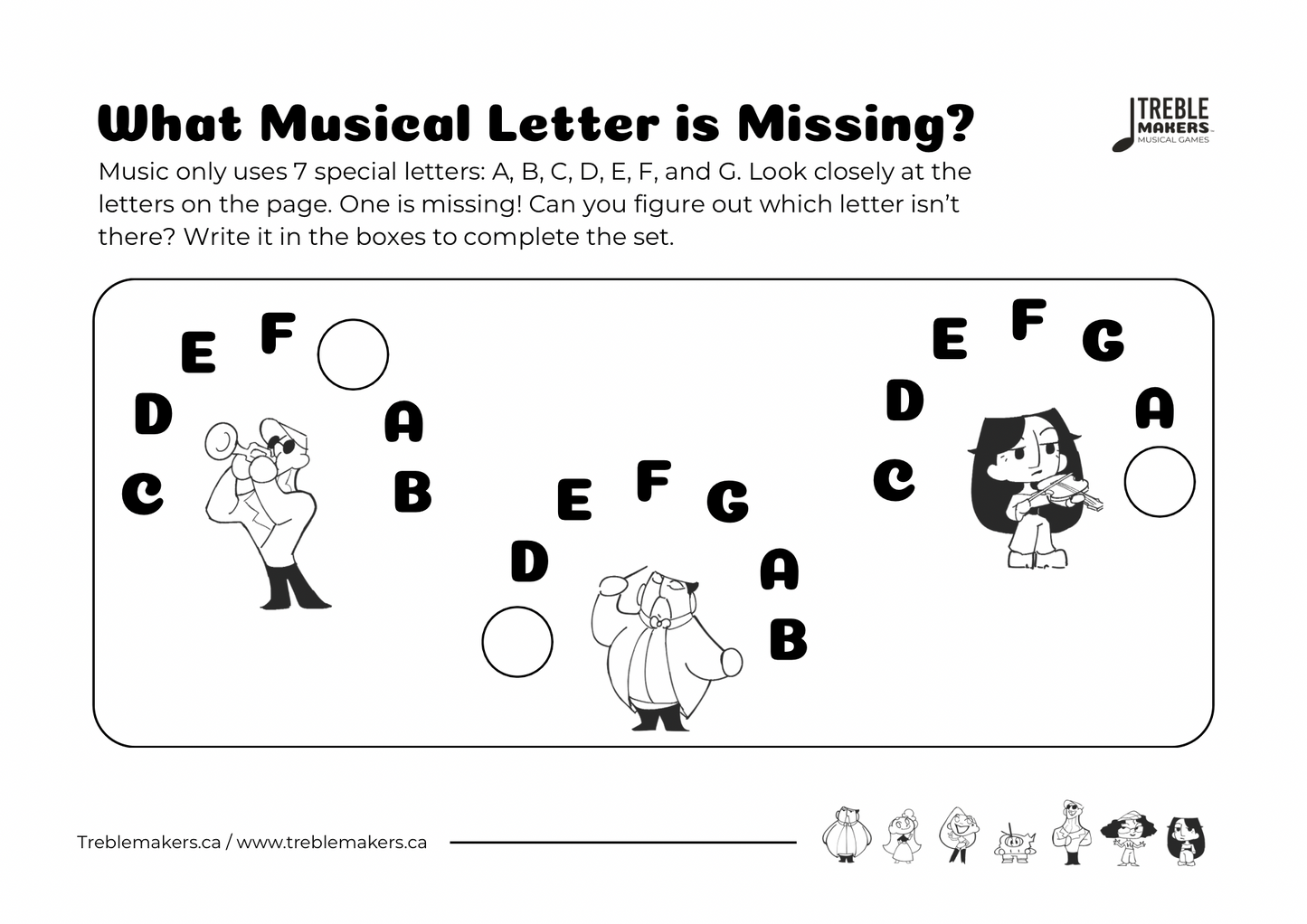 Missing Letter - Musical Alphabet Fill-in-the-Blank Activity Sheets - Set 3