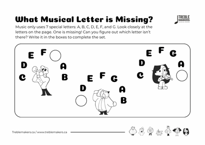 Missing Letter - Musical Alphabet Fill-in-the-Blank Activity Sheets - Set 3