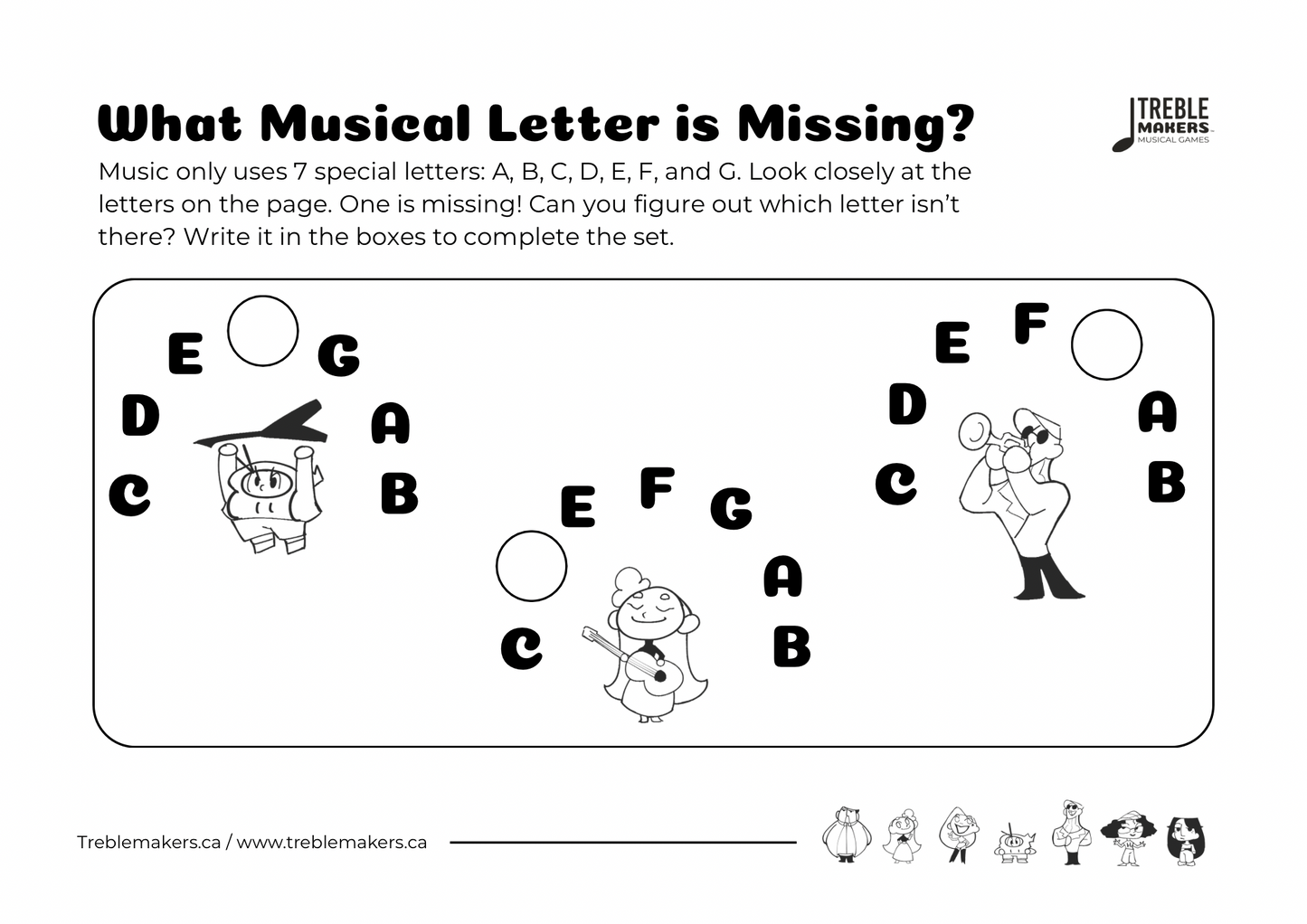 Missing Letter - Musical Alphabet Fill-in-the-Blank Activity Sheets - Set 3