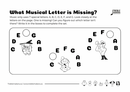 Missing Letter - Musical Alphabet Fill-in-the-Blank Activity Sheets - Set 3