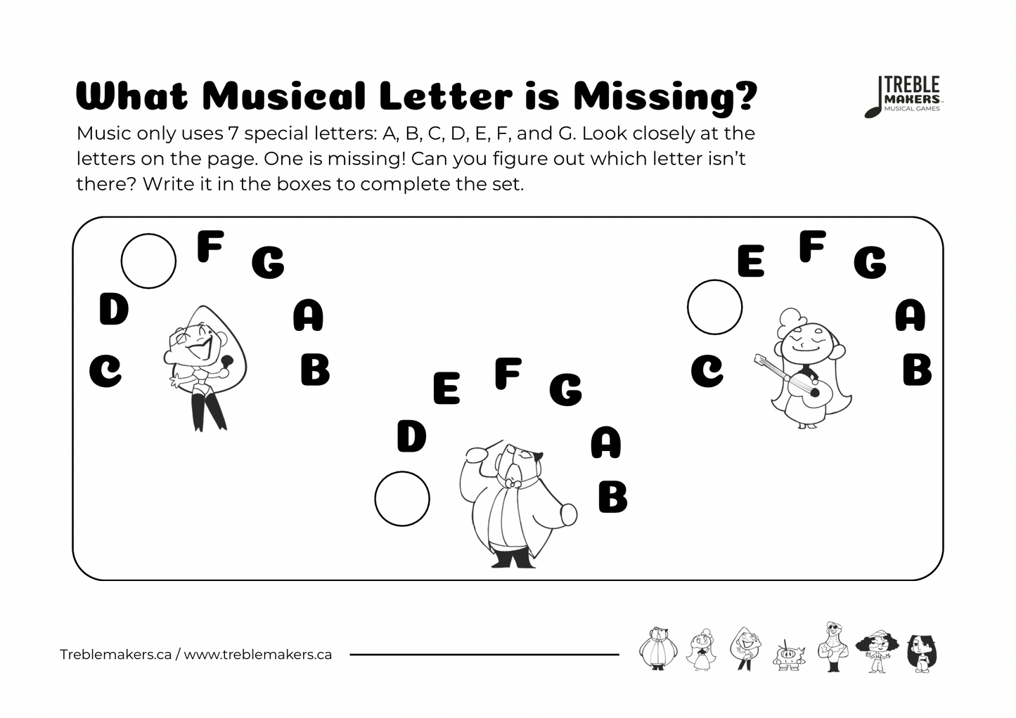 Missing Letter - Musical Alphabet Fill-in-the-Blank Activity Sheets - Set 4