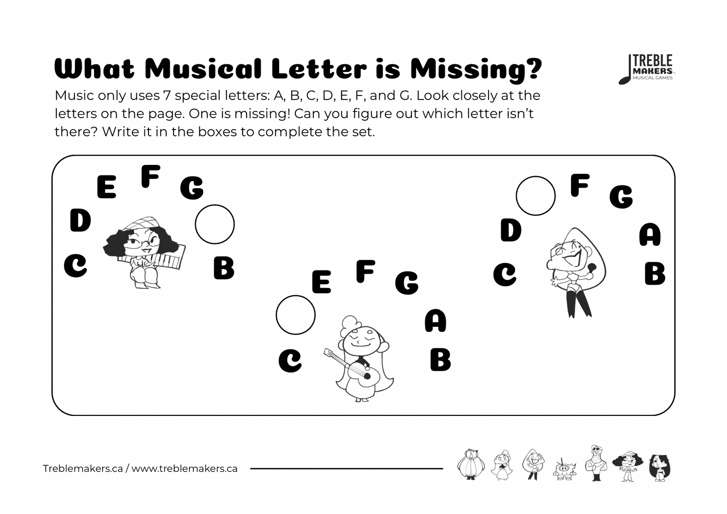 Missing Letter - Musical Alphabet Fill-in-the-Blank Activity Sheets - Set 4