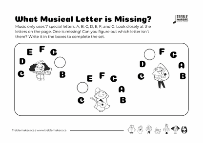 Missing Letter - Musical Alphabet Fill-in-the-Blank Activity Sheets - Set 4