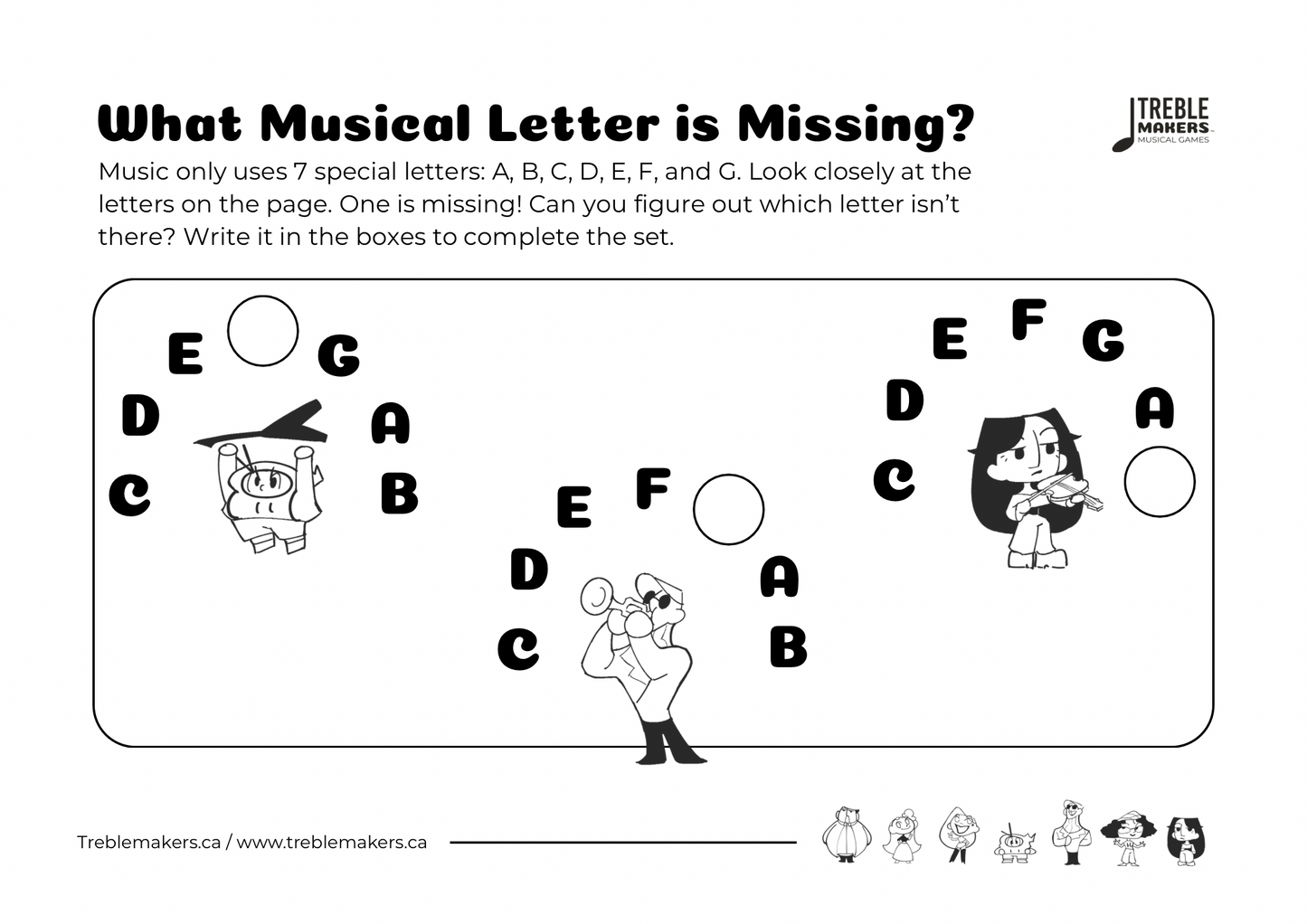 Missing Letter - Musical Alphabet Fill-in-the-Blank Activity Sheets - Set 5