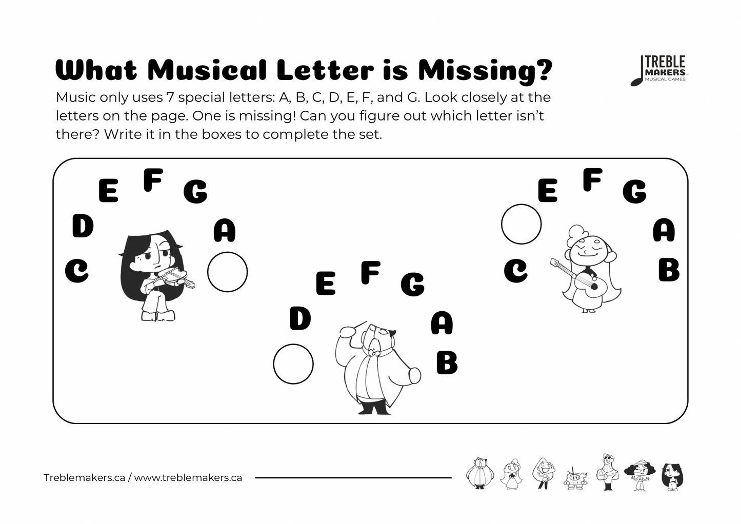 Missing Letter - Musical Alphabet Fill-in-the-Blank Activity Sheets - Set 5