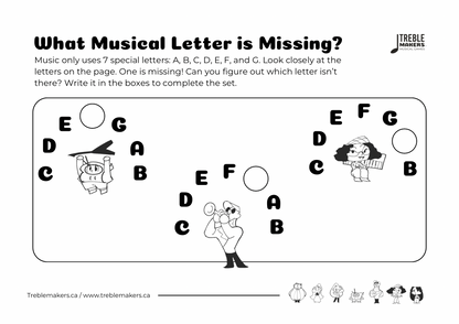 Missing Letter - Musical Alphabet Fill-in-the-Blank Activity Sheets - Set 5