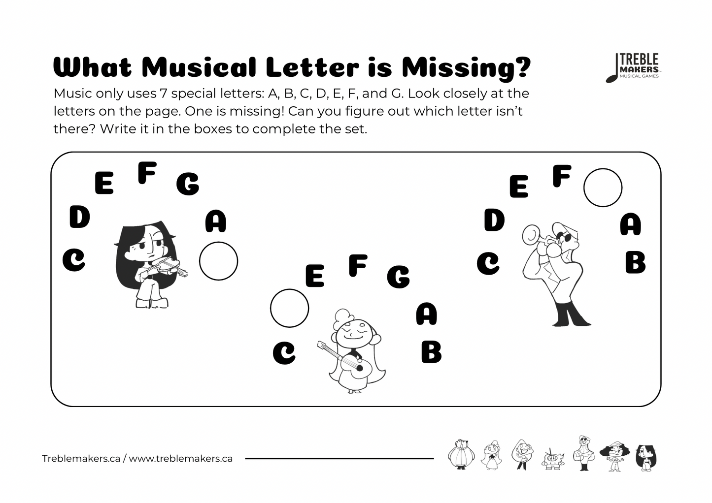 Missing Letter - Musical Alphabet Fill-in-the-Blank Activity Sheets - Set 6