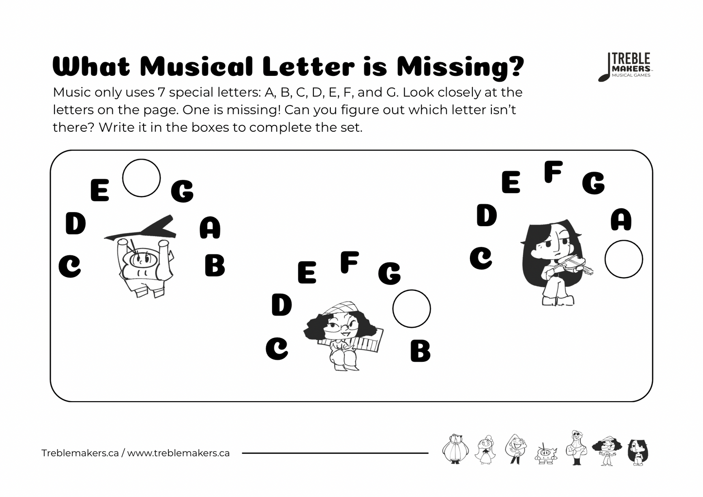 Missing Letter - Musical Alphabet Fill-in-the-Blank Activity Sheets - Set 6