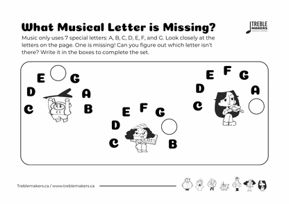 Missing Letter - Musical Alphabet Fill-in-the-Blank Activity Sheets - Set 6