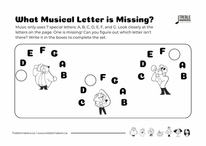 Missing Letter - Musical Alphabet Fill-in-the-Blank Activity Sheets - Set 6