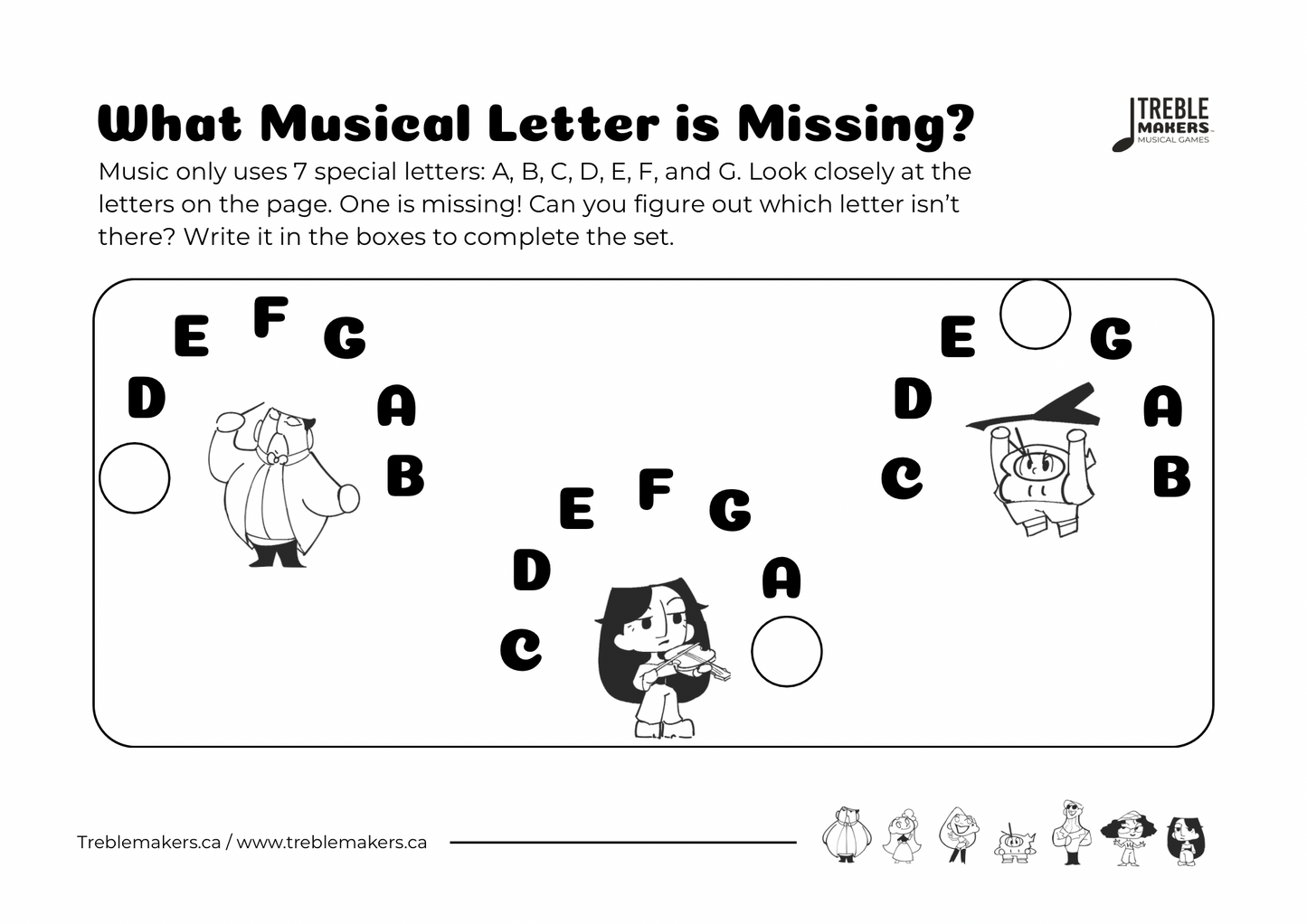 Missing Letter - Musical Alphabet Fill-in-the-Blank Activity Sheets - Set 6