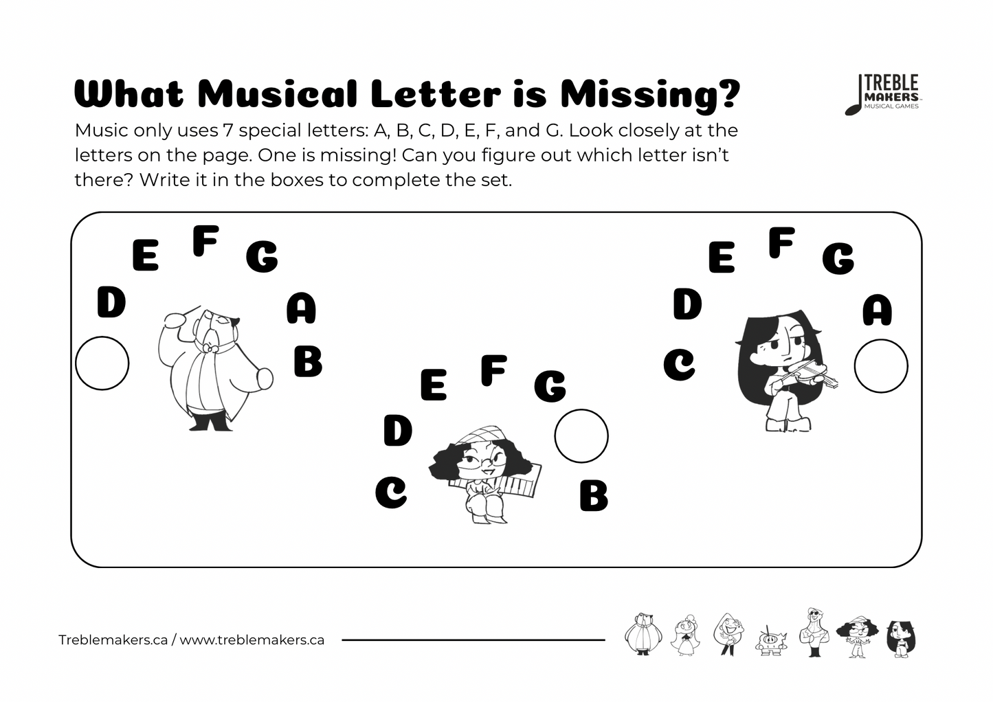 Missing Letter - Musical Alphabet Fill-in-the-Blank Activity Sheets - Set 7