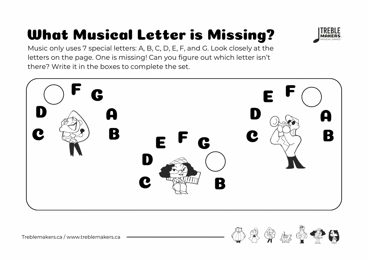 Missing Letter - Musical Alphabet Fill-in-the-Blank Activity Sheets - Set 7